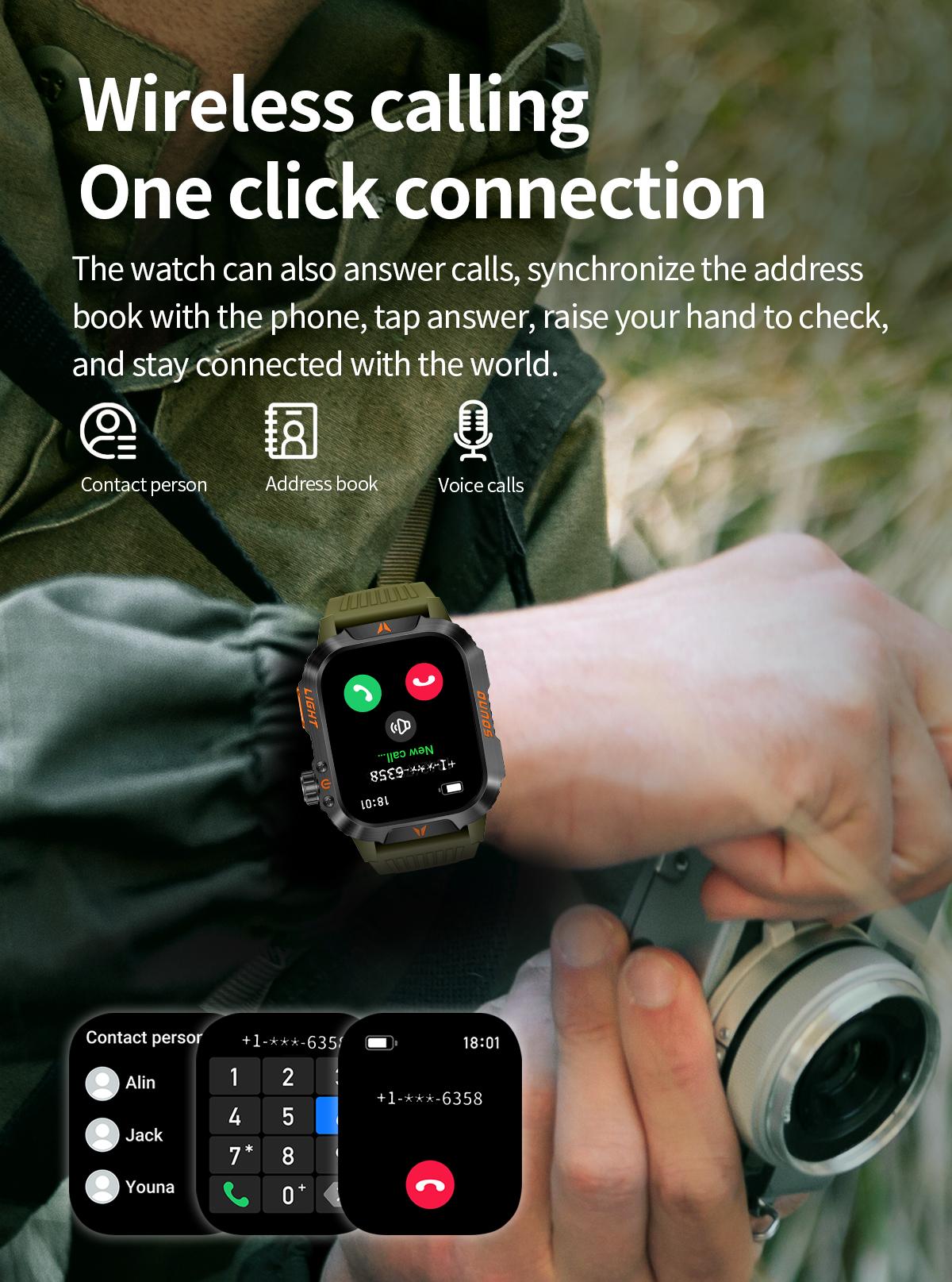 LOOXLK 2026 Outdoor-Style Smartwatch with 2.01-inch IPS Screen LED Lighting Wireless Call Sports Modes Calorie Tracker Compass Weather Alerts Men's Gift Fitness Tracker  Applicable to iPhones and Android devices Wearable