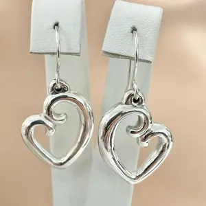 Sterling Silver 925 Lightweight Hollow Heart Dangle Earrings