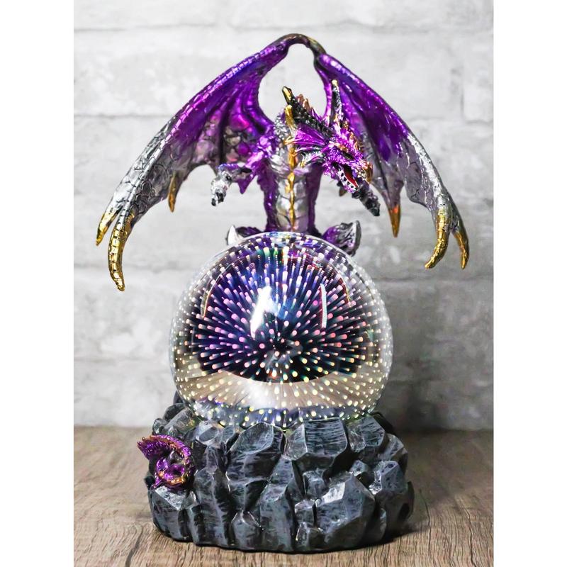 Purple Silver Gold Wyvern Dragon On Rocky Cliff With LED Optic Ball Figurine