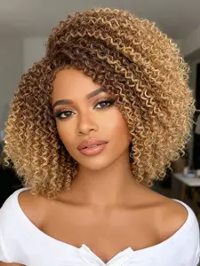 Fluffy Side Part Afro Curly Wigs , Synthetic Gorgeous Short Kinky Curly Wigs without Bangs,  14 Inch Wigs Pre Styled Wig Wear and Go for Party, Daily Use, Coily Textured Wigs