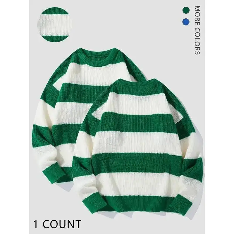 Men's Colorblock Striped Print Crew Neck Sweater, Loose Casual Soft Comfy Long Sleeve Jumper for Fall & Winter, Fashion Men's Knitwear for Daily Wear