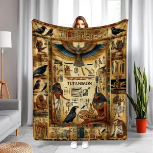 Egyptian Art Blanket, Vintage Papyrus-Style Hieroglyphs Gods Throw Blanket, Lightweight Blanket for Sofa Bed, Great for Ancient History Enthusiasts