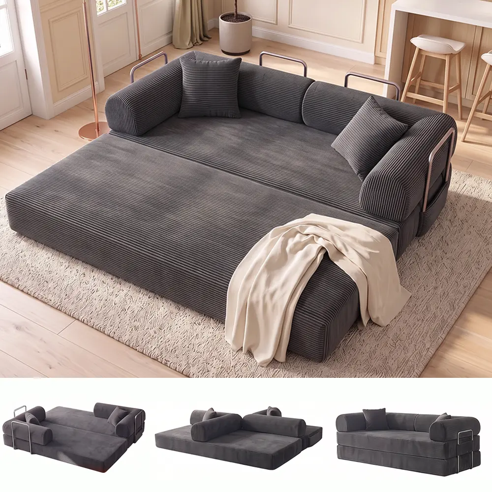 78.7" Modern 3-Seat Rectangular Solid Corduroy Modular Convertible Sofa Bed, 5-in-1 Full Size Pull Out Sleeper Futon, Unpack-and-Go Multi-Functional Indoor Furniture, Small Space Apartment Couch, Grey