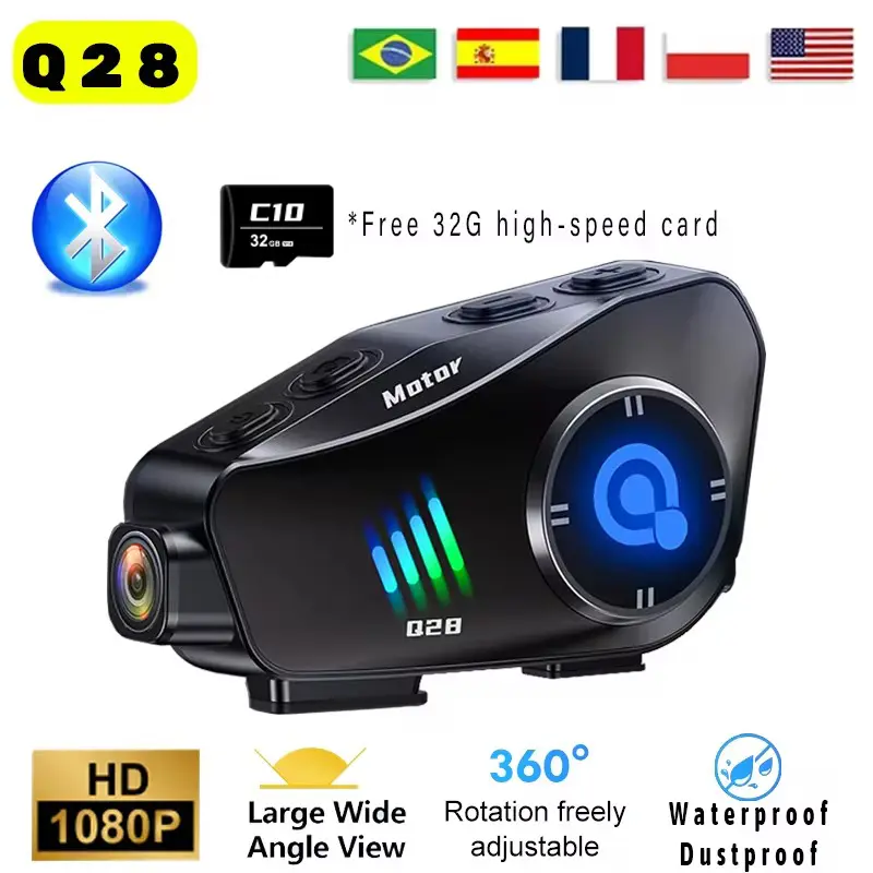 Q28 Wireless Motorcycle Helmet Bluetooth Headset Motorcycle Accessory with 1080P HD Wide Angle Lens, IP66 Waterproof WiFi Video Recorder, WiFi Hotspot Device, Micro SD Card Compatibility, USB Type-C, 1 Headset, 1 Host Velcro for Outdoor Use, Bike Motorcyc