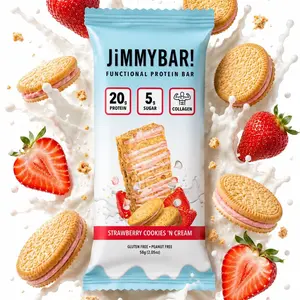 JiMMYBAR! Strawberry Collagen Cookies 'n Cream Protein Bar - 20g Protein, Collagen, Low Sugar, Functional Bar, 12 Count Box, Peanut-Free, High Protein Snack