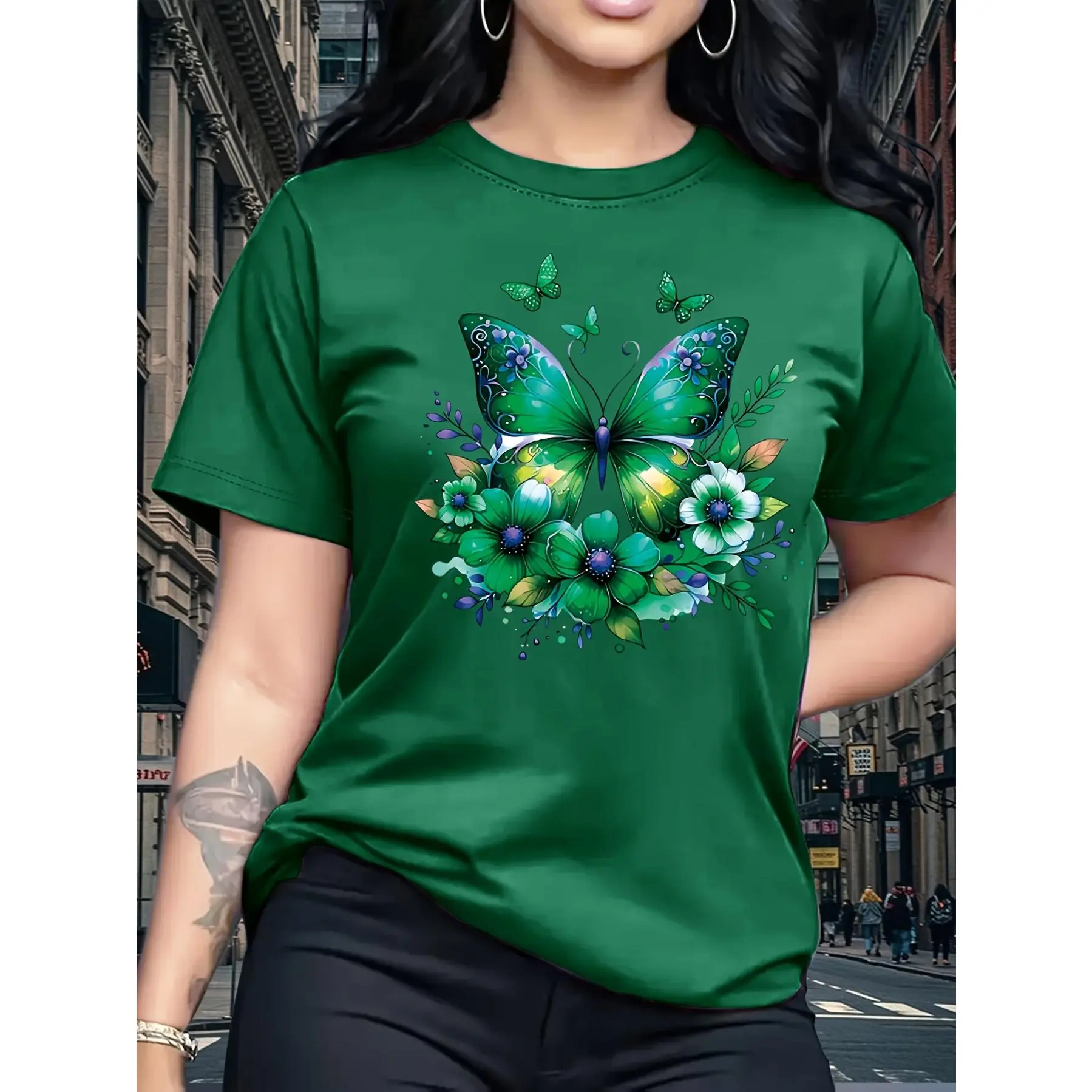 100% Cotton Green Butterfly Floral Print T-Shirt for Women Casual Summer Top Graphic Tee Basic Fit Birthday Gift Friend Gift Sister Gift