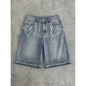 Vintage Wash Cursive Script Fray Hem Baggy Denim Mid Shorts️90s Minimal Retro Summer Staple