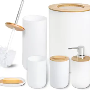 6-Piece Bathroom Accessories Set, Bamboo Bath Products Include Soap Dispenser, Toothbrush Holder, Cup, Soap Dish, Trash Can, Toilet Brush
