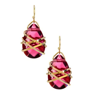 Fancy Cut Raspberry Crystal Wire Wrapped Drop Earrings For Women, Exclusive Design Dazzling Earrings, Sparkling Jewelry For Lady, Birthday Gift