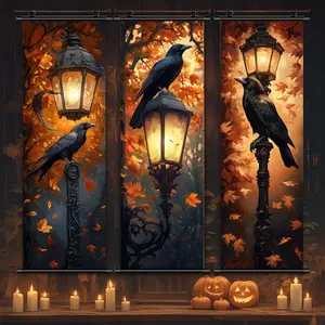 Halloween Hanging Banner, 3 Counts Scary Crow Posters, Halloween Animal Posters, Halloween Decoration, Horror Poster, Party Posters, Living Room Decoration, Wall Hanging Backdrop