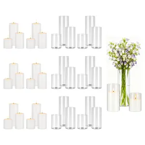VEVOR Pillar Candles and Glass Vases Set 36 Pcs, Clear Cylinder Hurricane Candle Holders for Wedding Centerpieces, Tall Vase for Table Decor, Wedding Party, Thanksgiving, White (3.4" x 4.7",7.1",9.8")