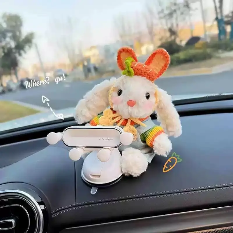 Cute Funny Bunny Plush Car Phone Holder, Universal Dashboard Suction Navigation Mount, Center Console Decor, Practical Car Accessories Gift for Women