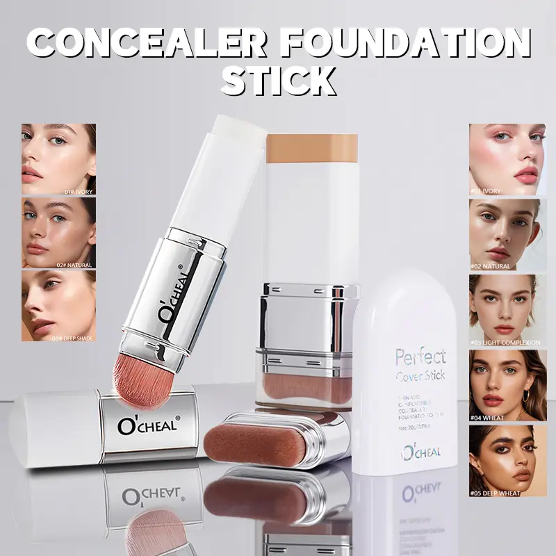 O'CHEAL Tinted Foundation Stick - Full Coverage Cosmetic with Sponge Brush, Waterproof, Sweatproof, Hydrating, Lightweight, Oil-Control Makeup Base for Dark Acne Circles, All Skin Types