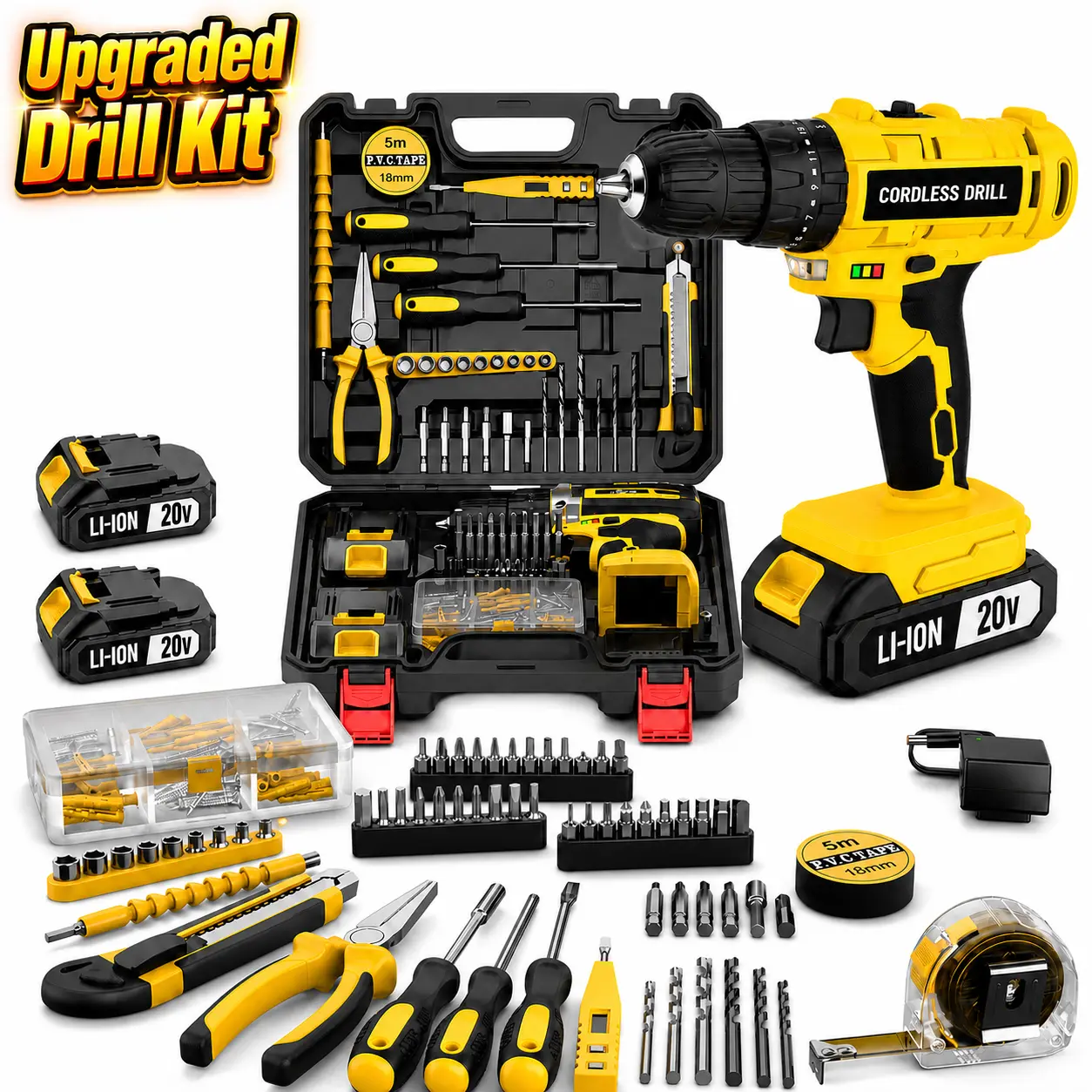 20V Cordless Drill Tool Kit,  Torque Electric Drill Driver Set, Heavy Duty Rechargeable Power Drill Combo Kit with Li-ion Battery, Compact Impact Drill for Home Repair, DIY Projects, Woodworking, Installation, Garage & Workshop Use  torque impact gun high