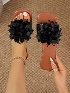 Women's Bowknot Design Flat Sandals, Casual Comfortable Square Toe Rubber Sandals for Summer, Fashionable Barefoot Shoes for Daily Wear, Girl, Casual Summer Footwear