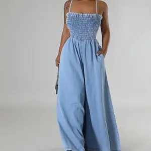 Women denim blue scrunchie flair open leg back  Comfortable Romper pants bodysuit Fit Jumpsuit