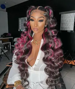 Highlight Wig Human Hair 1B/Pink 200% Density Ombre Body Wave Lace Front Wigs Human Hair Pink And Black Colored Wig Human Hair Skunk Strip Glueless Wigs