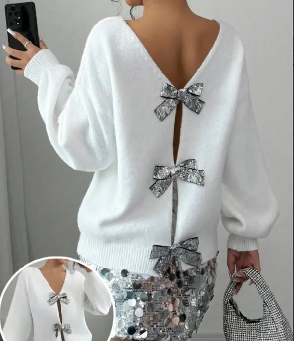 Women's Sequin Bow Back Sweater, Chic Sheer Imitation Cashmere Knitwear, Elegant Pullover Top for Autumn Style