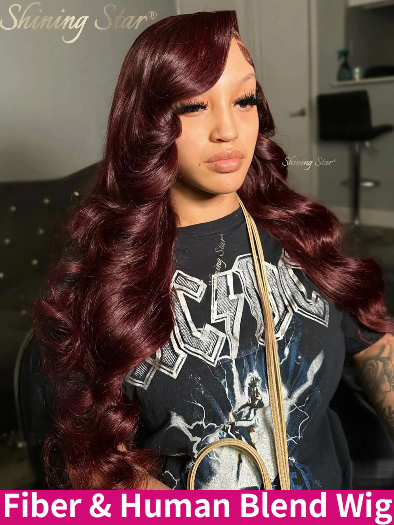 Women's Shining Star Dark Burgundy Body Wave Human Blend HD Lace Frontal Wig, 10-30/34 In 180 Density, 9X6 Wear Go & 13X4 Glueless Easy Wear Wig, Mixed Hair