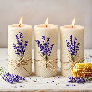 Lavender Beeswax Pillar Candles Set of 3 - 2x4 Inch 60H Long Lasting Clean Drip-Free Scented Candles for Home Bedroom Decor - Perfect for Christmas Hanukkah Halloween & Gifts