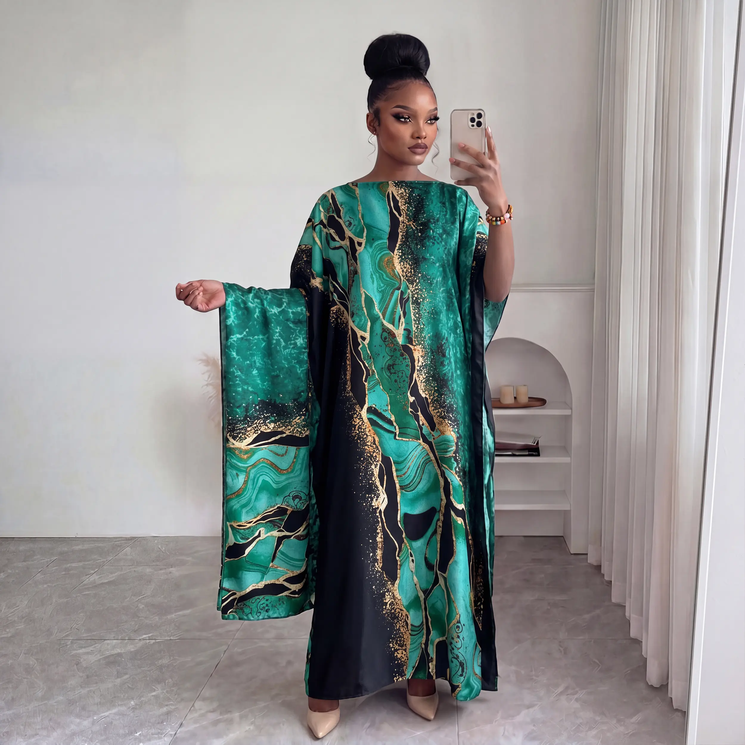 Moomoo Luxury African Print Satin Kaftan Robe, Oversized Long Maxi Dress With Shawl, Bohemian Abaya Dress For Ladies Evening Outfit