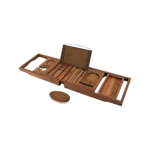 Teak Bathtub Tray, Expandable Wooden Bath Tray For Tub With Wine And Book Holder, Solid Bathroom Caddy With Free Teak Body Brush