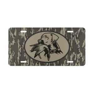 Camo License Plate, 12" x 6" Aluminum Vanity Tag for US Vehicles, Hunting Gift, Old School Bottomland Camo, Duck Hunting Dog Design, Woodland Camo Vanity Plate