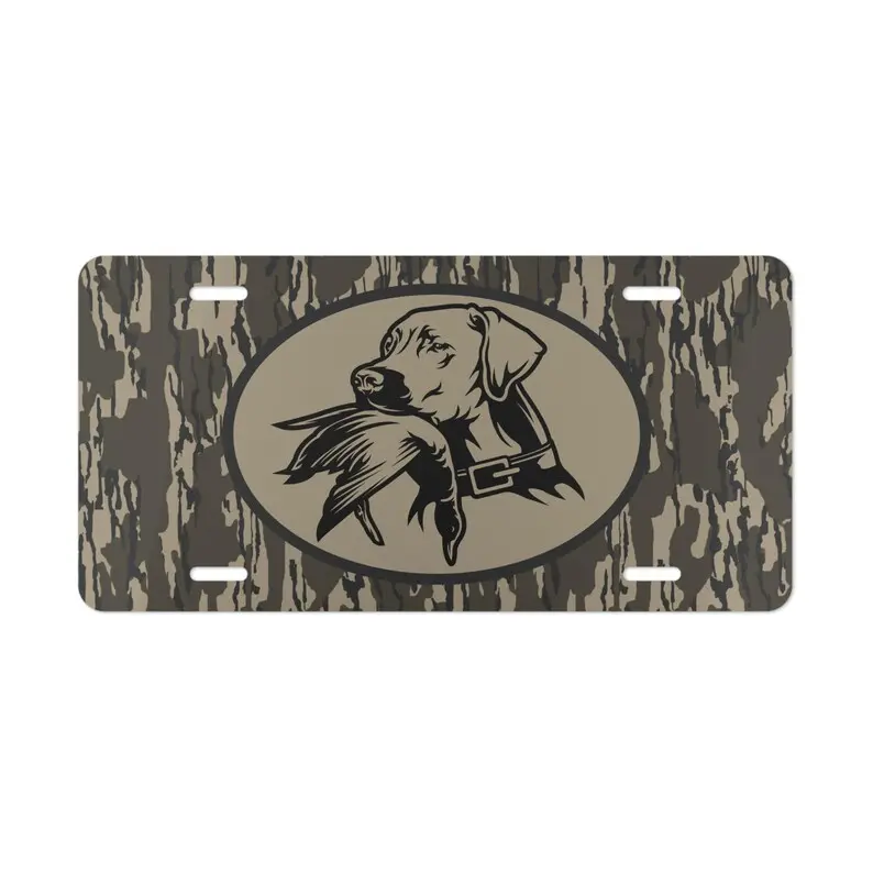 Camo License Plate, 12" x 6" Aluminum Vanity Tag for US Vehicles, Hunting Gift, Old School Bottomland Camo, Duck Hunting Dog Design, Woodland Camo Vanity Plate