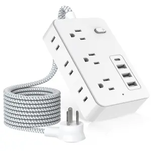 Surge Protector Power Strip, Ultra-Thin Flat Extension Cord 6 Outlets 4 USB Ports (2 USB-C), Flat Plug Power Strip, Braided Power Cord Suitable for University Dormitory Necessities