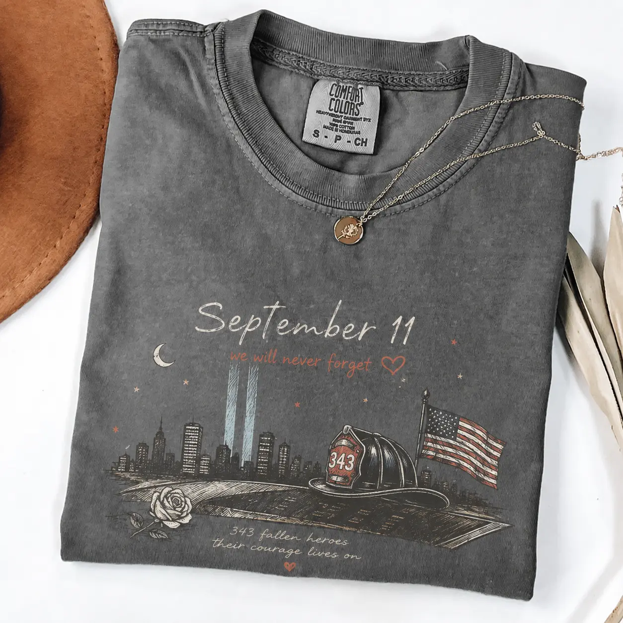 September 11 Never Forget Comfort Colors T Shirt, 343 Fallen Firefighter Memorial Graphic Tee, Patriot Day Heroes Remembrance Tribute, American Honor Gift for Men and Women