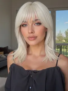 14 Inch Fashionable New Medium Long Straight White Blonde Wigs with Bangs Synthetic Wigs, Women's Wigs Suitable for Ordinary Work, Life, Dance Parties and All Occasions