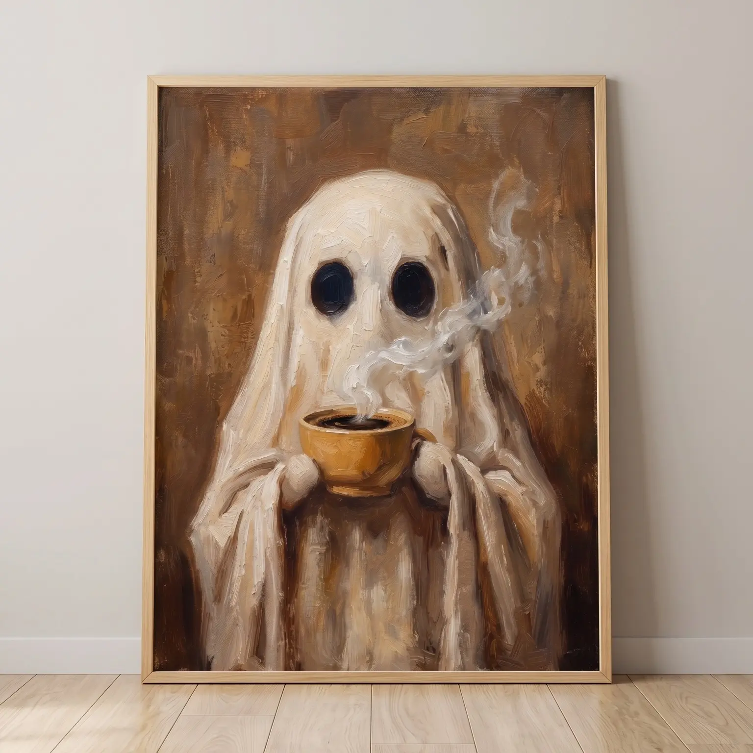 Ghost Drinking Coffee Oil Painting Poster, Vintage Spooky Aesthetic Wall Art, Cute Ghostie With Coffee Cup Print, Moody Neutral Halloween Home Decor, Unframed