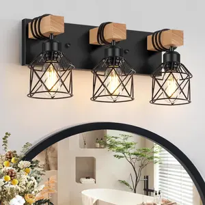 3-Light Farmhouse Vanity Light for Bathroom, Wood Bathroom Light Fixtures Over Mirror, Industrial Black Vanity Light with Metal Lampshade for Bedroom Hallway Living Room