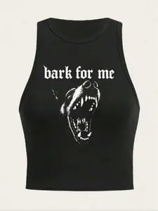Women's Gothic Bark For Me Cropped Tank Top Black Sleeveless Racerback Vest Slogan Print Casual Streetwear Fit