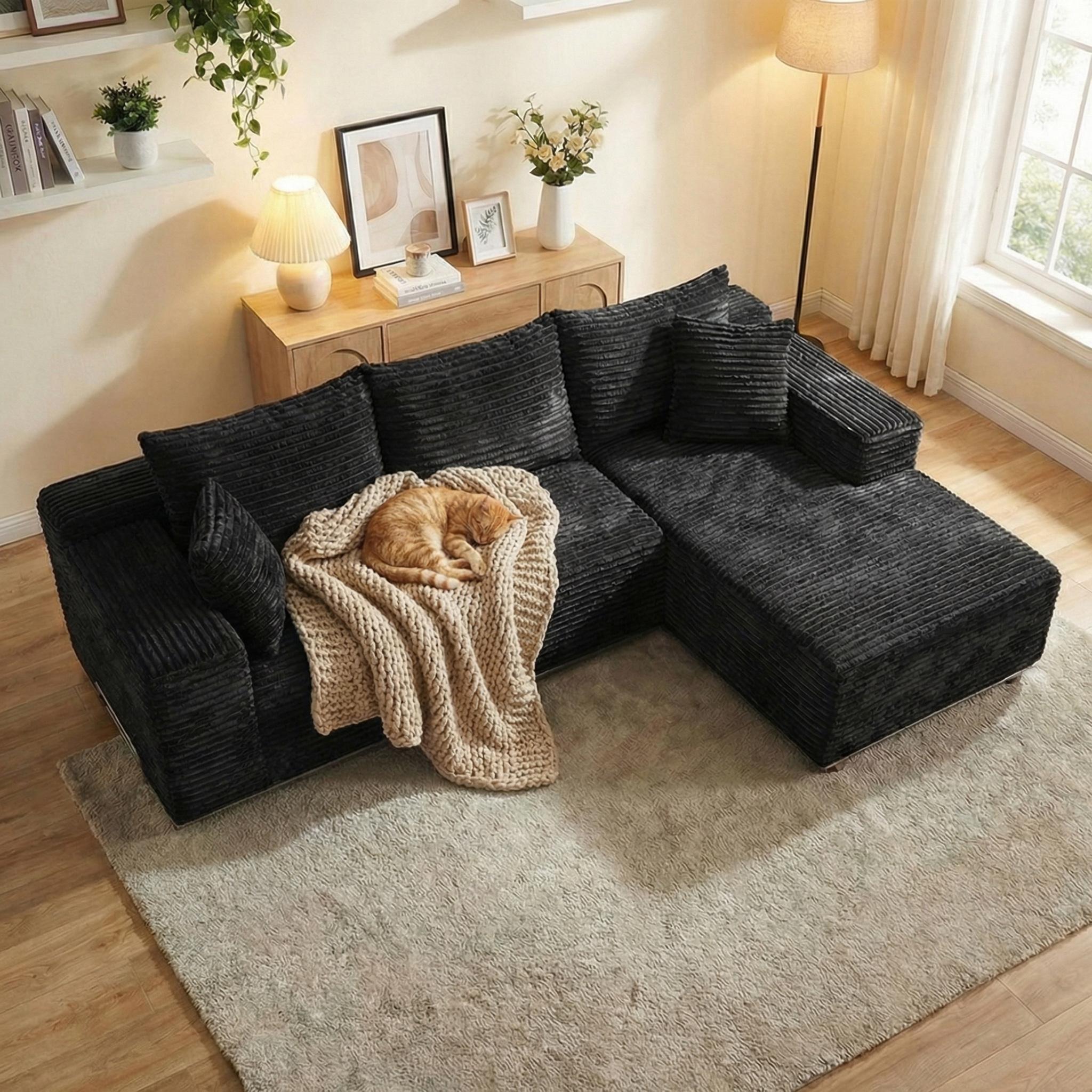 [3 Packages Shipping] Upgraded Elevated L-Shaped Sofa with Metal Iron Frame 105" Boneless Sectional Cloud Couch Corduroy Velvet Modular with Chaise No Assembly Required Living Room Furniture