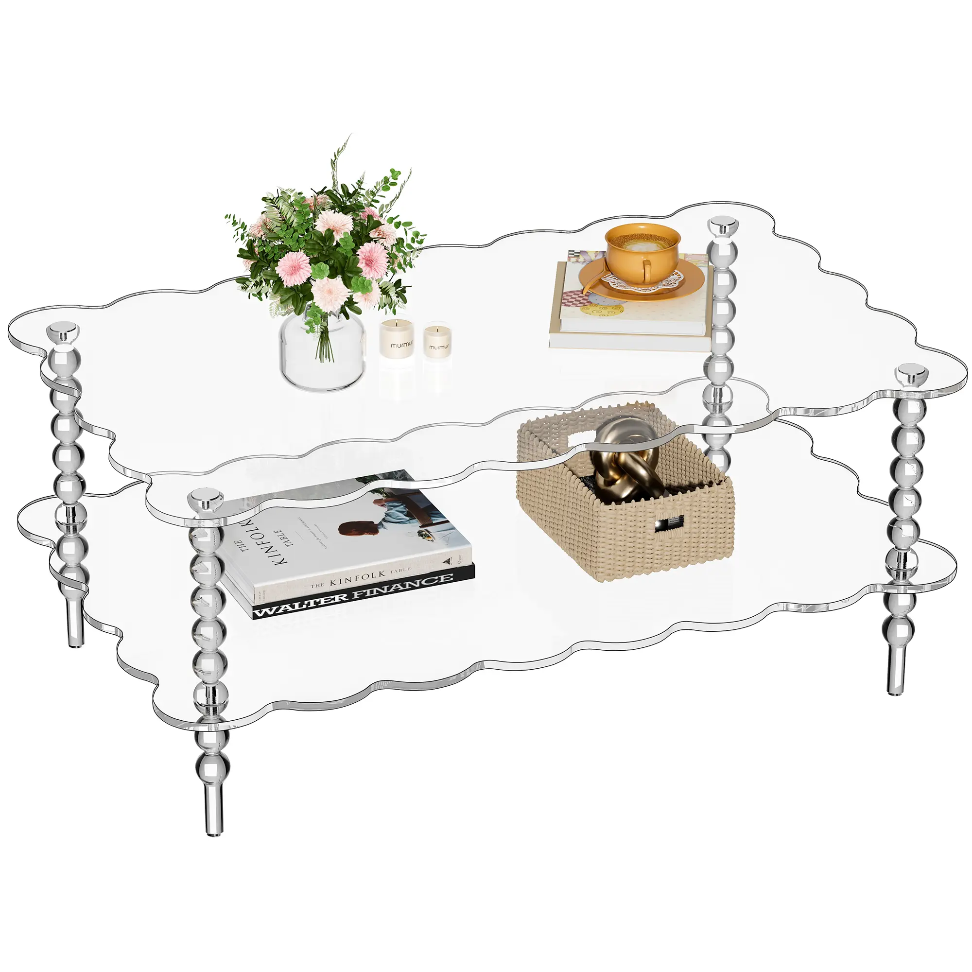 【SummerFinds】Solaround Transparent Acrylic Coffee Table - Beaded Legs, Scallop Edge, Storage - Modern Indoor Living Room Furniture for Home Decor Accents homedecor Contemporary Coffee Table Acrylic Tables