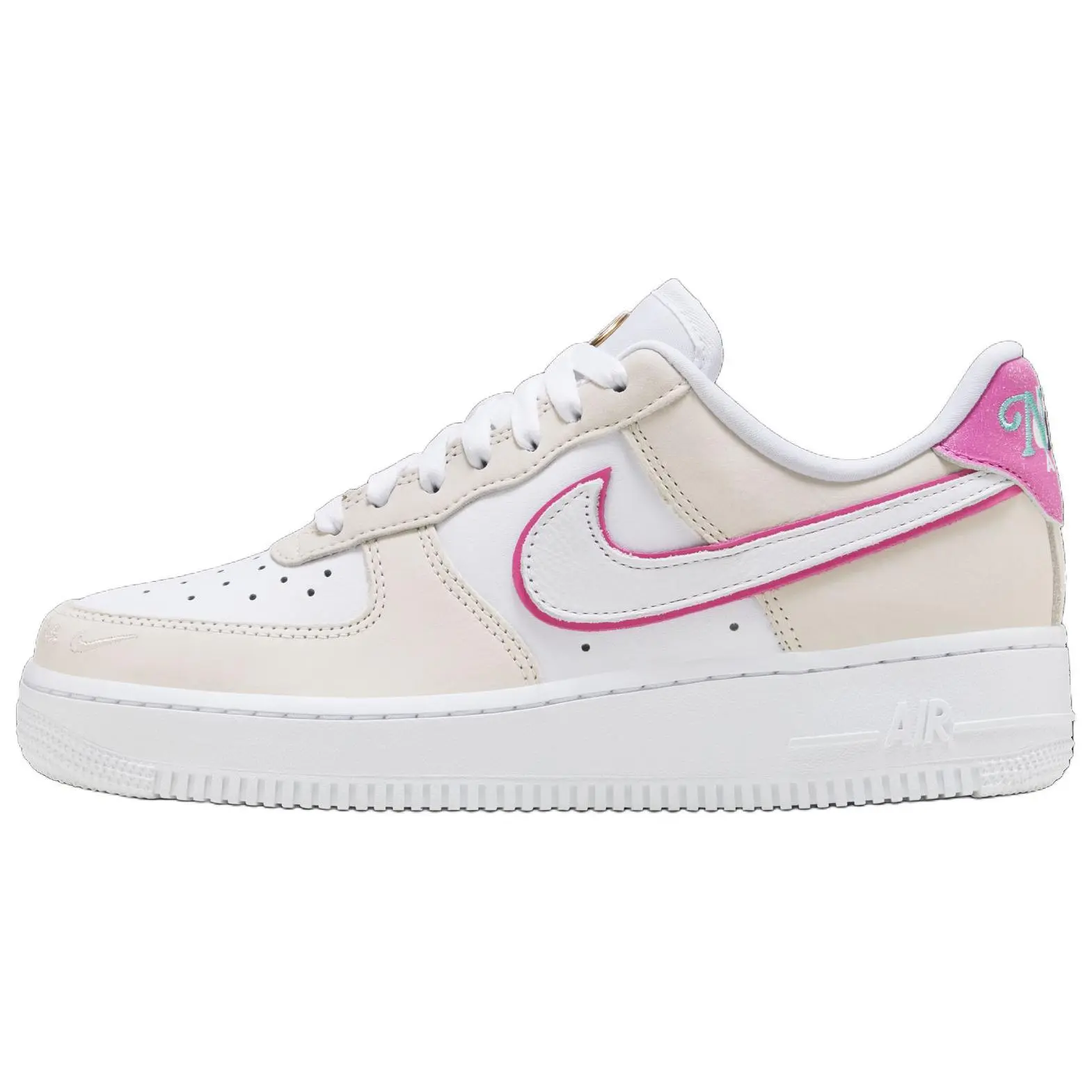Women's Nike Air Force 1 '07 LX Low-Top Premium Leather Shoes - Trainer, Casual Footwear, White/Brown/Pink, Nike Air Cushioning, Classic AF1 Silhouette, 2000 Release