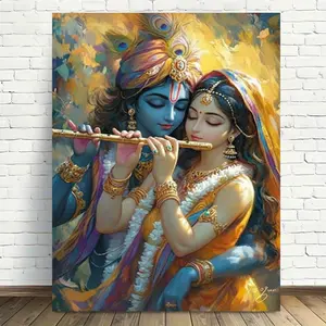 Radha Krishna Divine Love Wall - Hindu Deities Spiritual Painting, Wrapped Canvas Framed Suitable for Home, Office, Temple Decor - Indian Cultural Gift for Meditation Room & Krishna-Janmashtami Events