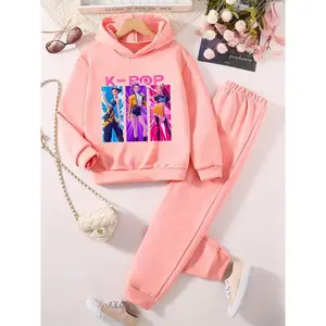 Girls' Kpop Demon Hunters Hoodie & Sweatpants Set, Spring Fall Winter Fashion, Cartoon Pattern, Long Sleeve, Fitted, Casual Comfort