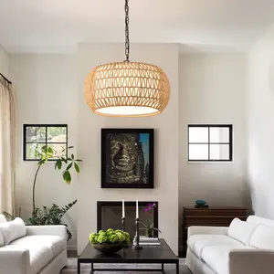 Handwoven rattan pendant light with white acrylic inner shade, black metal adjustable chain chandelier, E26 base, 120V