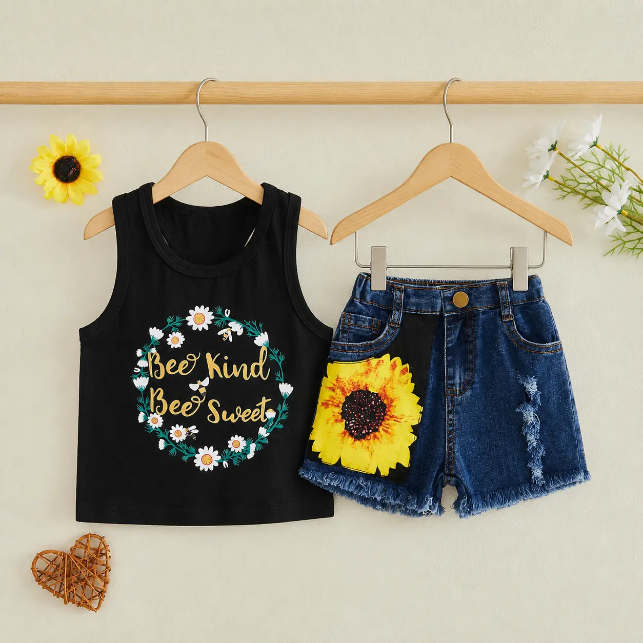 Baby Girls' 2-Piece Outfits Set, Sleeveless Letter-Printed Halter Vest + Sunflower Denim Shorts