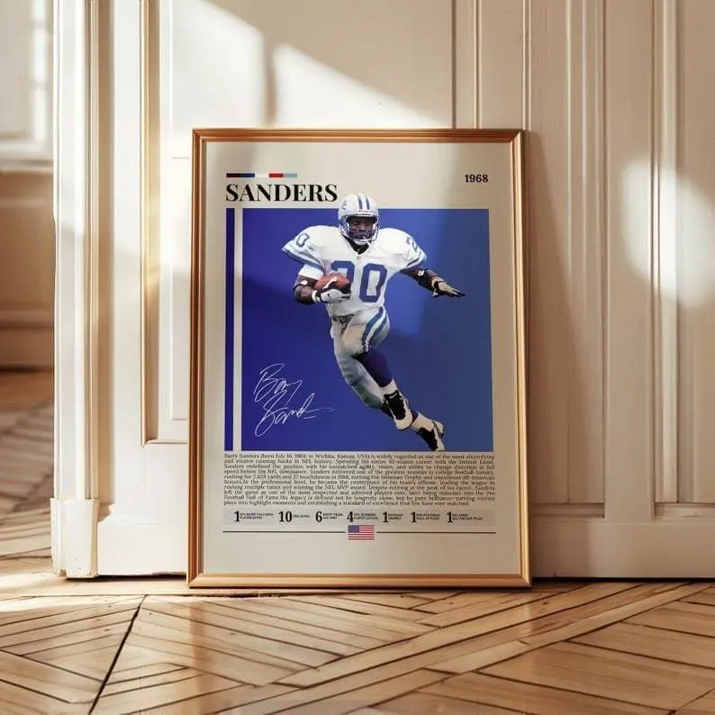 Barry Sanders Detroit Lions Football Legend Paper Poster - Photo Wall Print, 24x36 Frameless Home Decor for Kid Room, Dining Room, Football Fans Gift, Classroom
