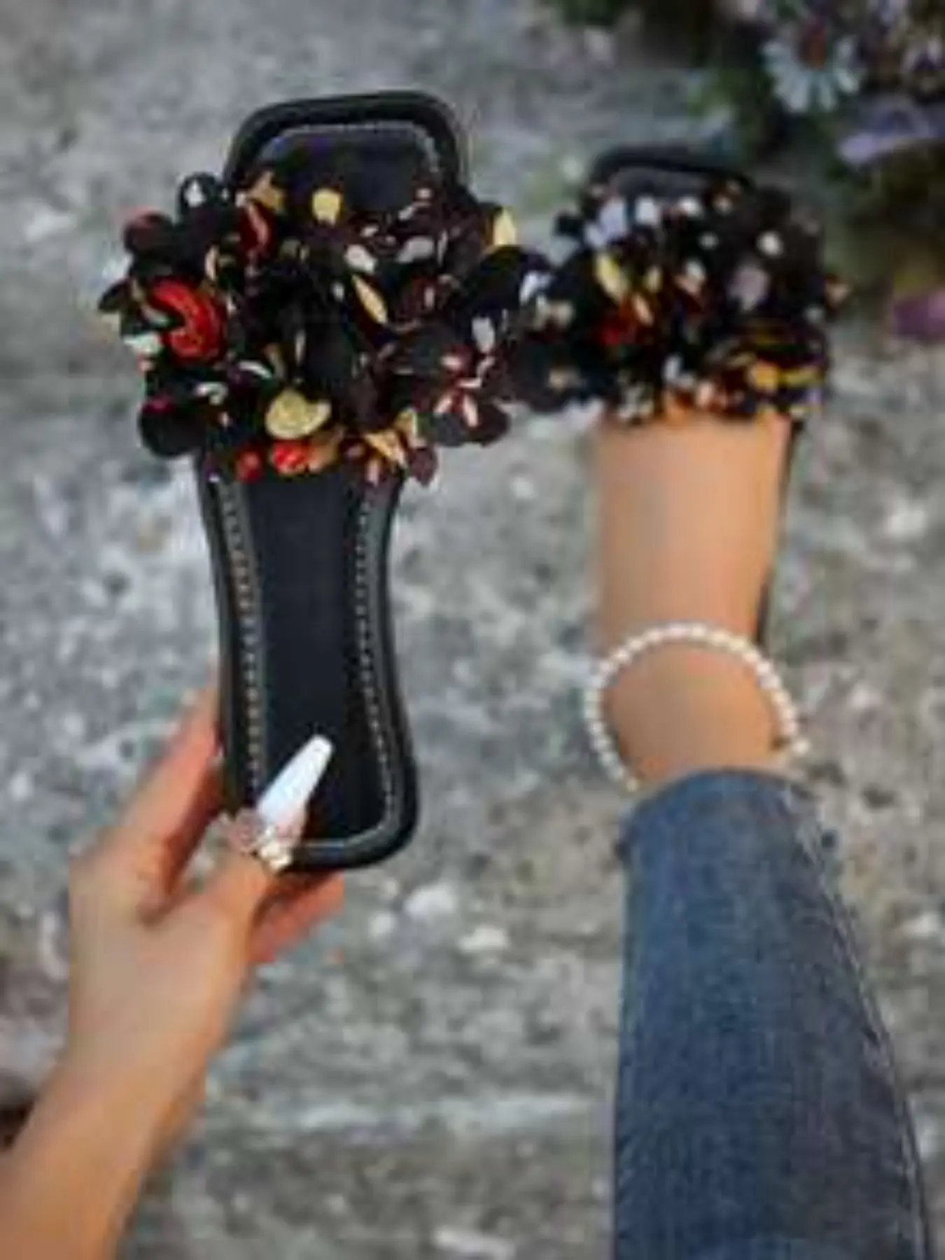French Style Elegant Flat Sandals for Women, Summer New Open-Toe Floral Slide-Ons, Flower Print Sandals, Perfect for Dates, Daily Wear, Home, Beach, Leisure, Footwear