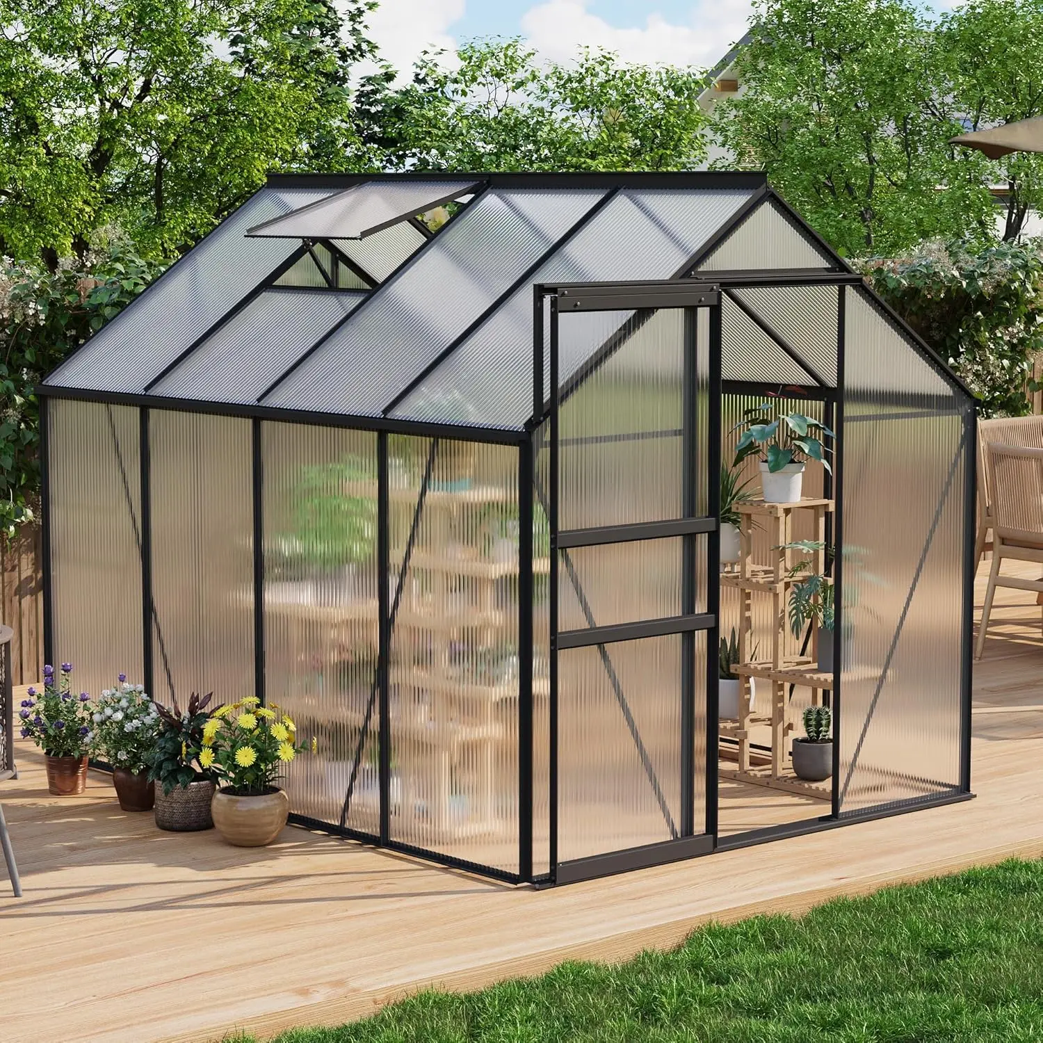 Garvee 6x8 FT Rectangular Outdoor Greenhouse Kit, Resilient Construction, 720 g/m² Polycarbonate Panels, Aluminum Frame, Sliding Door, Adjustable Ventilation System, Weather Resistant for Withstanding Harsh Weather Conditions, Backyard Gardening Use