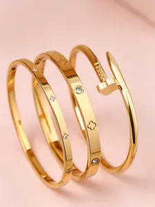 3-Piece 18k Gold Plated Stainless Steel Bracelet Set, Stackable Luxury Cubic Zirconia Jewelry, Perfect for Daily Wear & Weddings, Stackable Bracelets