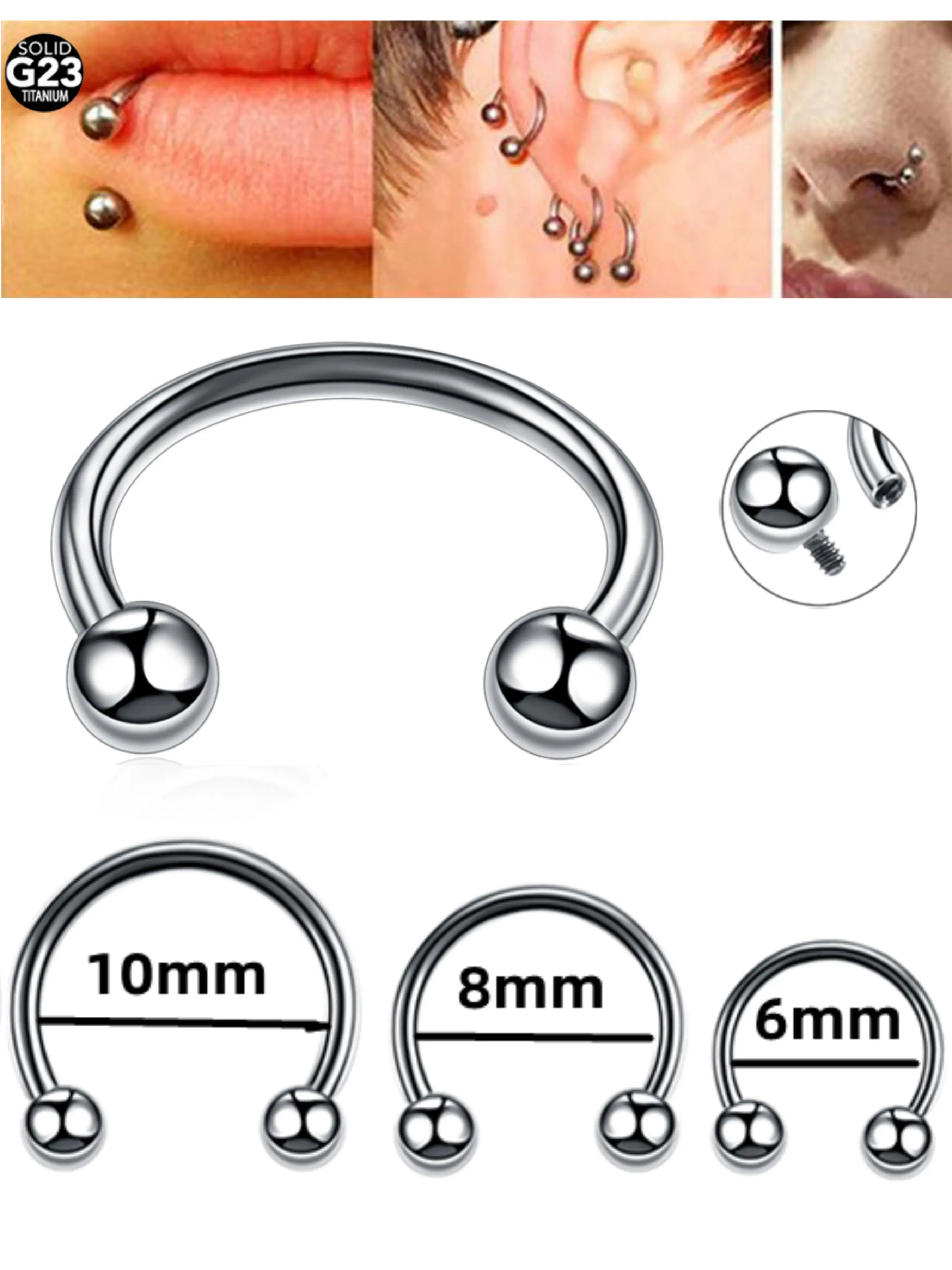 1pcs G23 Titanium 16g Ball Horseshoe Rings, Helix Tragus Earring, Nose Lip Rings, Titanium Nose Hoops, Circular Septum Piercing Jewelry, 6-10mm Piercings Jewelry
