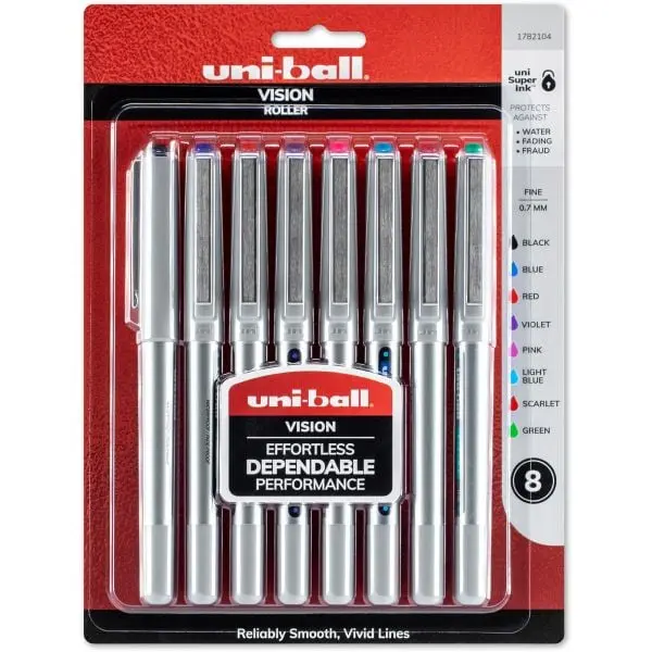 Uni-Ball Vision Rollerball Pen, 0.7 mm Tip, Assorted Colors Liquid Ink, Color Intensity, Smooth Writing, Fading & Fraud Protection, Uncapped View, Quiet & Responsive - Case of 8