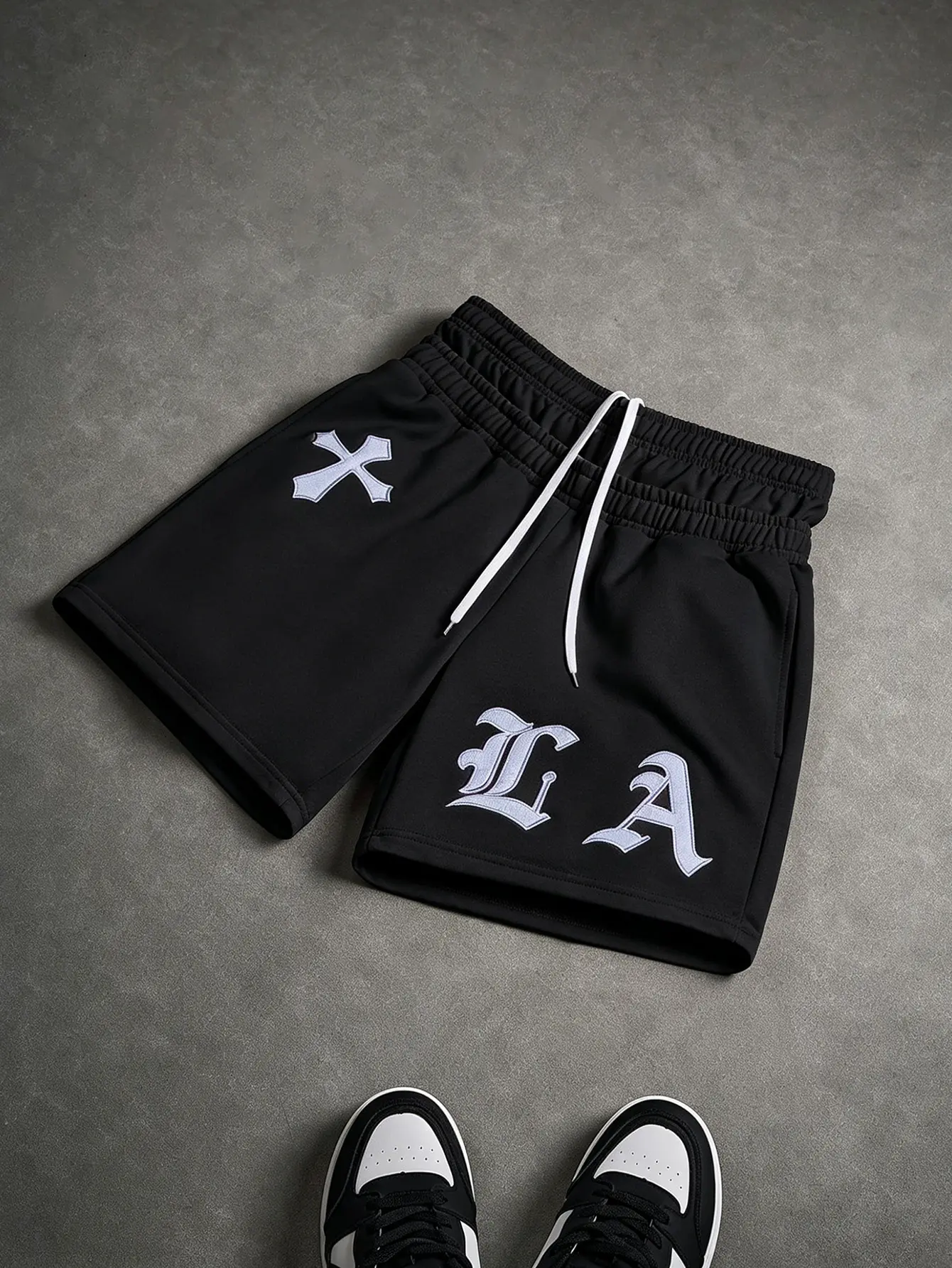 Men’s American street style athletic shorts for summer, loose straight fit, drawstring, knee-length, LA cross embroidery, trendy brand