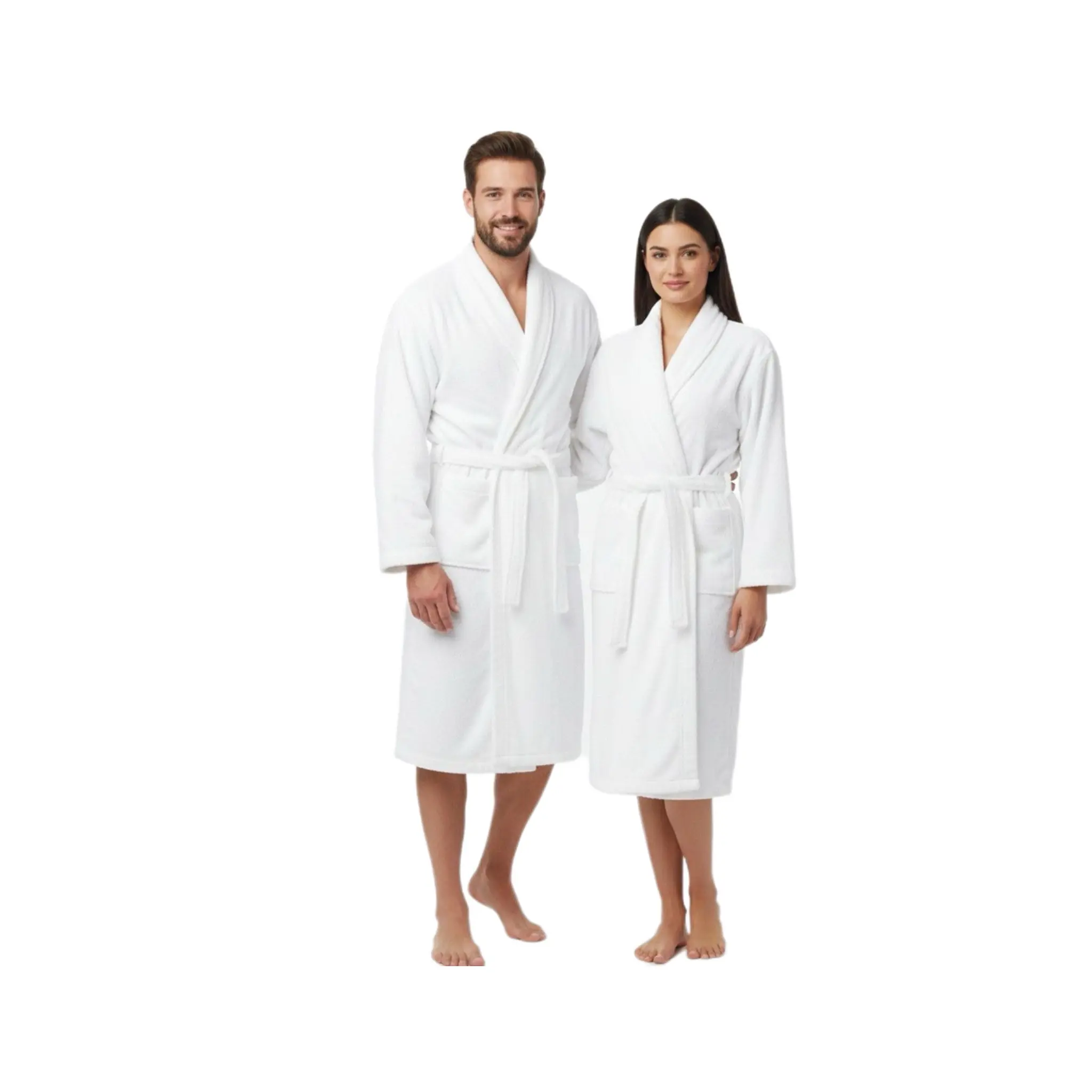VINCO LOOPS Unisex 100% Cotton Terry Bathrobe - Spa Hotel Quality, Shawl Collar, Velour Fabric, Stylish Loungewear Gown with Belt, Machine Washable, White, 1 Size for Everyday Use