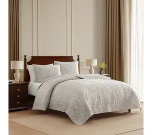 Martha Stewart Fern Embroidery Grey Sateen Queen Quilt Set